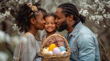 ai generato africano americano genitori baci loro figlia mentre Tenere un' cannuccia cestino pieno con Pasqua uova foto