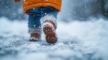 ai generato un' del bambino primo incontrare con neve, Meraviglia e eccitazione nel ogni fiocco di neve e orma. foto