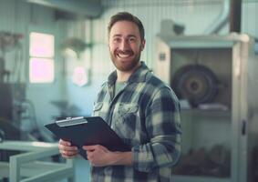 ai generato un' sorridente uomo in piedi nel un' camera, Tenere un' appunti foto