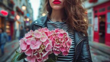 ai generato affascinante giovane donna con grassetto rosso labbra e pelle giacca Tenere ortensie. foto