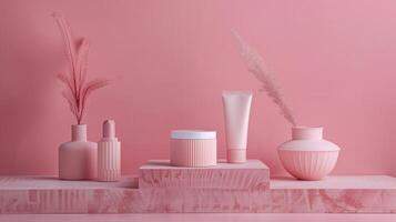 ai generato un' impostato di cosmetici nel Opaco rosa toni senza un' marca sta su un' minimalista rosa sfondo foto