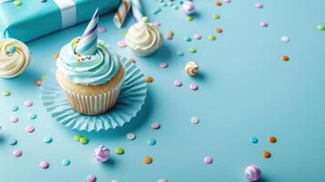 ai generato sfondo per un' compleanno festa con un' Cupcake foto