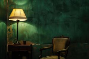 ai generato verde parete con un' sedia e lampada nelle vicinanze foto