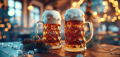 ai generato un' vivace oktoberfest celebrazione sfondo, con tradizionale bavarese arredamento, schiumoso birra boccali foto