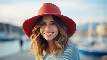 ai generato un' giovane bellissimo donna nel un' rosso cappello, blu camicetta e jeans sta su il molo nel il porta foto