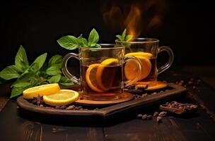 ai generato tè con cannella, arancia, Limone, erbe aromatiche e menta foto