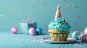 ai generato sfondo per un' compleanno festa con un' Cupcake foto