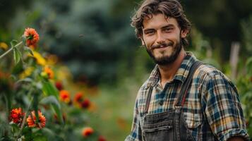 ai generato giovane bello contadino nel un' plaid camicia e denim tuta da lavoro sembra sorridente a il telecamera foto