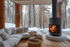 ai generato il camino a il lontano fine di un' inverno portico, getto un' caldo splendore in mezzo il nevoso paesaggio foto