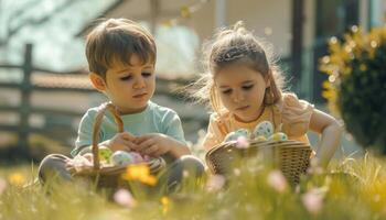 ai generato bambini seduta su il erba mentre Tenere Pasqua cesti foto