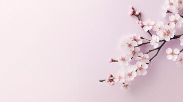 ai generato un' sbalorditivo ciliegia fiorire ramo adorna il sinistra lato di un' minimalista leggero rosa sfondo, offerta ampio spazio per testo. foto