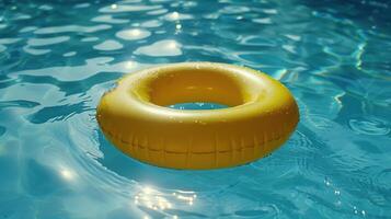 ai generato un' giallo piscina galleggiante squillare derive nel un' freddo, blu nuoto piscina foto