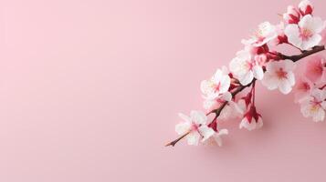 ai generato un' sbalorditivo ciliegia fiorire ramo adorna il sinistra lato di un' minimalista leggero rosa sfondo, offerta ampio spazio per testo. foto