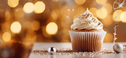 ai generato un' Cupcake con glassatura su il tavolo di Natale luci foto