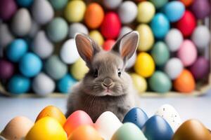 ai generato un' grigio coniglietto è in piedi nel davanti di colorato uova foto