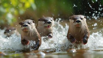 ai generato giocoso lontre scherzare nel scintillante fiume flussi, loro buffonate portando gioia per spettatori. foto