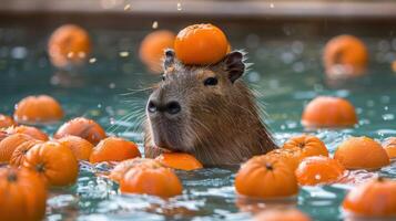 ai generato capibara nuotate nel un' piscina con mandarini foto