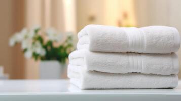 ai generato un' pila di bianca bagno asciugamani bugie su il sinistra lato di il telaio nel il bagno. sfocato bagno sfondo foto