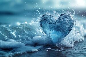 ai generato un' cuore fatto di spruzzi di acqua contro il sfondo di il mare. il concetto di amore foto
