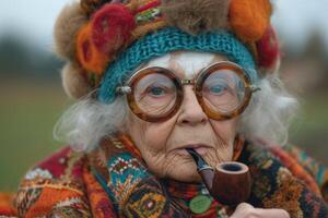 ai generato un' alla moda anziano donna fuma un' tubo su il strada nel autunno foto