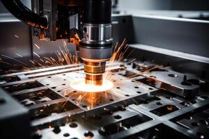 ai generato laser taglio di metallo su cnc macchine, moderno industriale tecnologia per produzione industriale parti. moderno lavorazione dei metalli foto