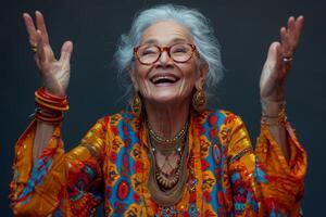ai generato un' contento e giocoso anziano donna nel colorato Abiti foto