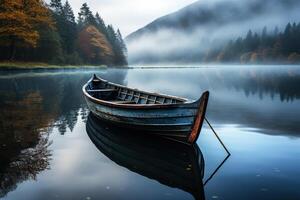 ai generato vecchio di legno barca nel un' nebbioso fiume nel autunno. generato di artificiale intelligenza foto