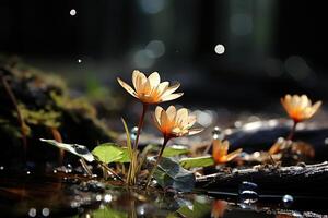 ai generato ramo con bianca fiore nel spruzzi di acqua nel il leggero di il sole. generativo ai foto