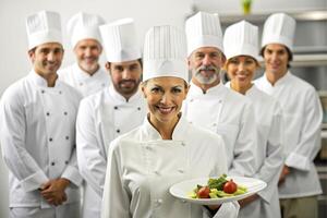 ai generato contento sorridente dello chef squadra nel il suo cucina foto