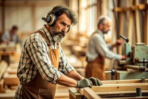 ai generato falegname Lavorando su la lavorazione del legno macchine nel carpenteria negozio. uomo lavori nel un' carpenteria negozio. foto