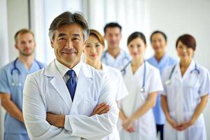 ai generato contento multirazziale medico professionisti in piedi nel ospedale foto