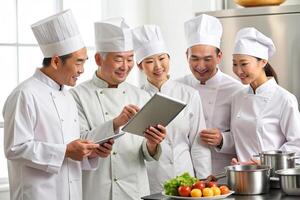 ai generato moderno cucina squadra cuochi tavoletta foto