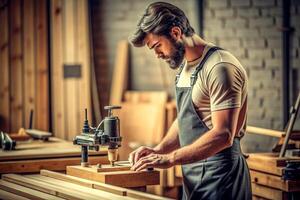 ai generato maschio falegname Lavorando di legno macchina laboratorio foto