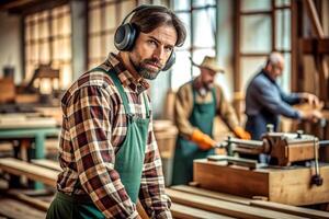 ai generato maschio falegname Lavorando di legno macchina laboratorio foto