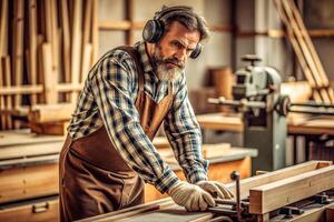 ai generato maschio falegname Lavorando di legno macchina laboratorio foto