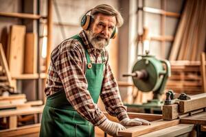 ai generato maschio falegname Lavorando di legno macchina laboratorio foto