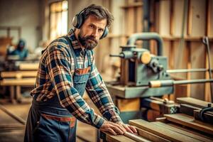 ai generato maschio falegname Lavorando di legno macchina laboratorio foto