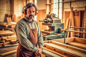 ai generato falegname Lavorando su la lavorazione del legno macchine nel carpenteria negozio. uomo lavori nel un' carpenteria negozio. foto