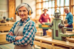 ai generato donna falegname Lavorando su la lavorazione del legno macchine foto