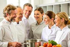 ai generato squadra di capocuoco nel il cucina Sorridi foto