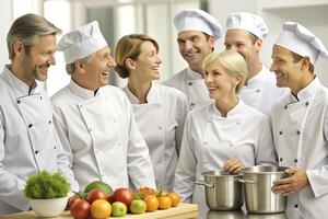 ai generato squadra di capocuoco nel il cucina Sorridi foto