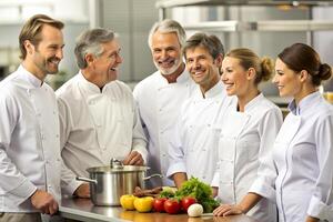 ai generato squadra di capocuoco nel il cucina Sorridi foto