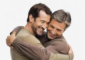 ai generato contento gay coppia abbracciare, amore foto