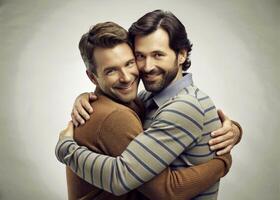 ai generato contento gay coppia abbracciare, amore foto