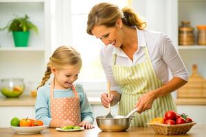 ai generato madre e figlia cucinando a cucina foto