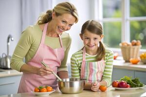 ai generato madre e figlia cucinando a cucina foto