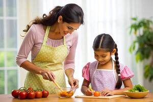 ai generato madre e figlia cucinando a cucina foto