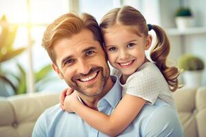 ai generato io amore voi, papà giovane uomo a casa con il suo poco carino ragazza foto