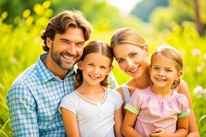 ai generato contento giovane famiglia la spesa tempo insieme al di fuori nel verde natura. foto