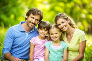 ai generato contento giovane famiglia la spesa tempo insieme al di fuori nel verde natura. foto